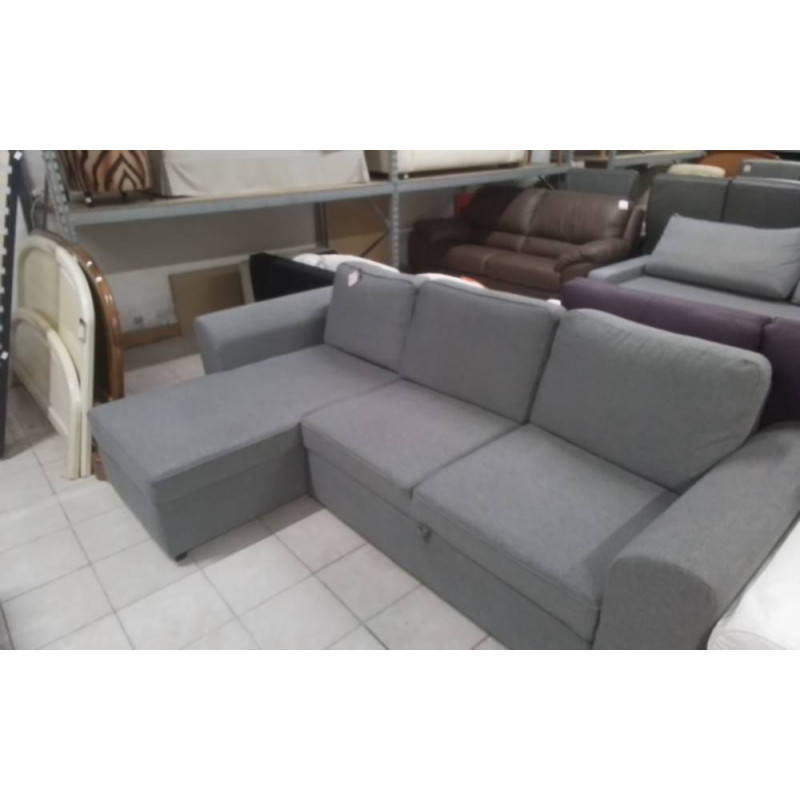 SALON D ANGLE TISSU GRIS CONVERTIBLE COFFRE REVERSIBLE