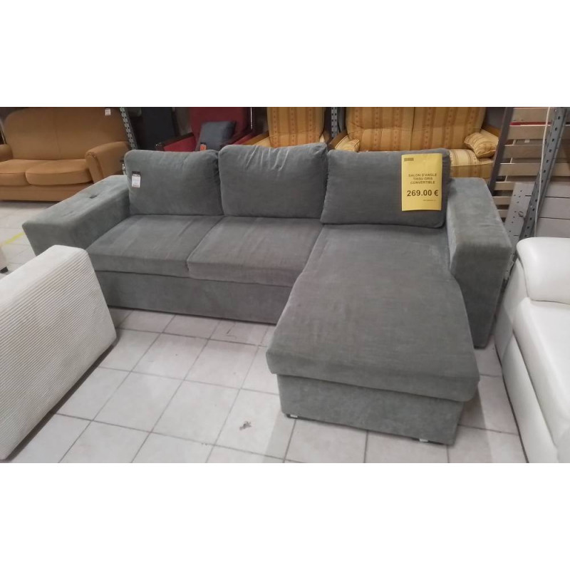 SALON D\'ANGLE TISSU GRIS CONVERTIBLE 